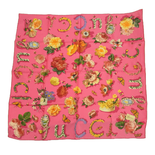 GUCCI グッチ シルク100％ OLD オールド BEE 蜂 バタフライ 花柄 フラワー スカーフ ピンク ピンク系【中古】