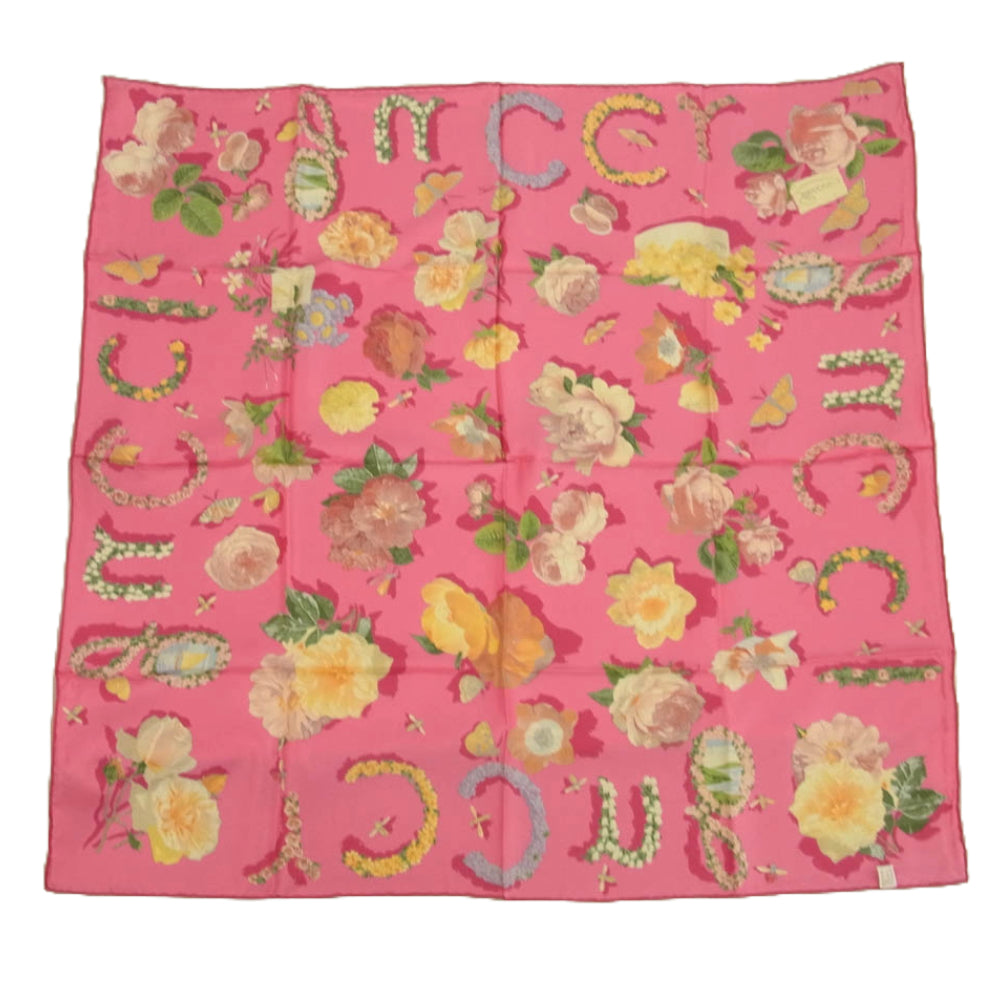 GUCCI グッチ シルク100％ OLD オールド BEE 蜂 バタフライ 花柄 フラワー スカーフ ピンク ピンク系【中古】