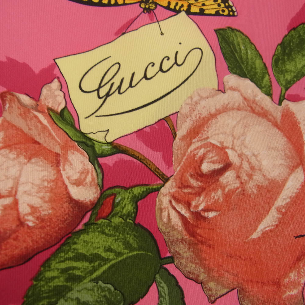 GUCCI グッチ シルク100％ OLD オールド BEE 蜂 バタフライ 花柄 フラワー スカーフ ピンク ピンク系【中古】