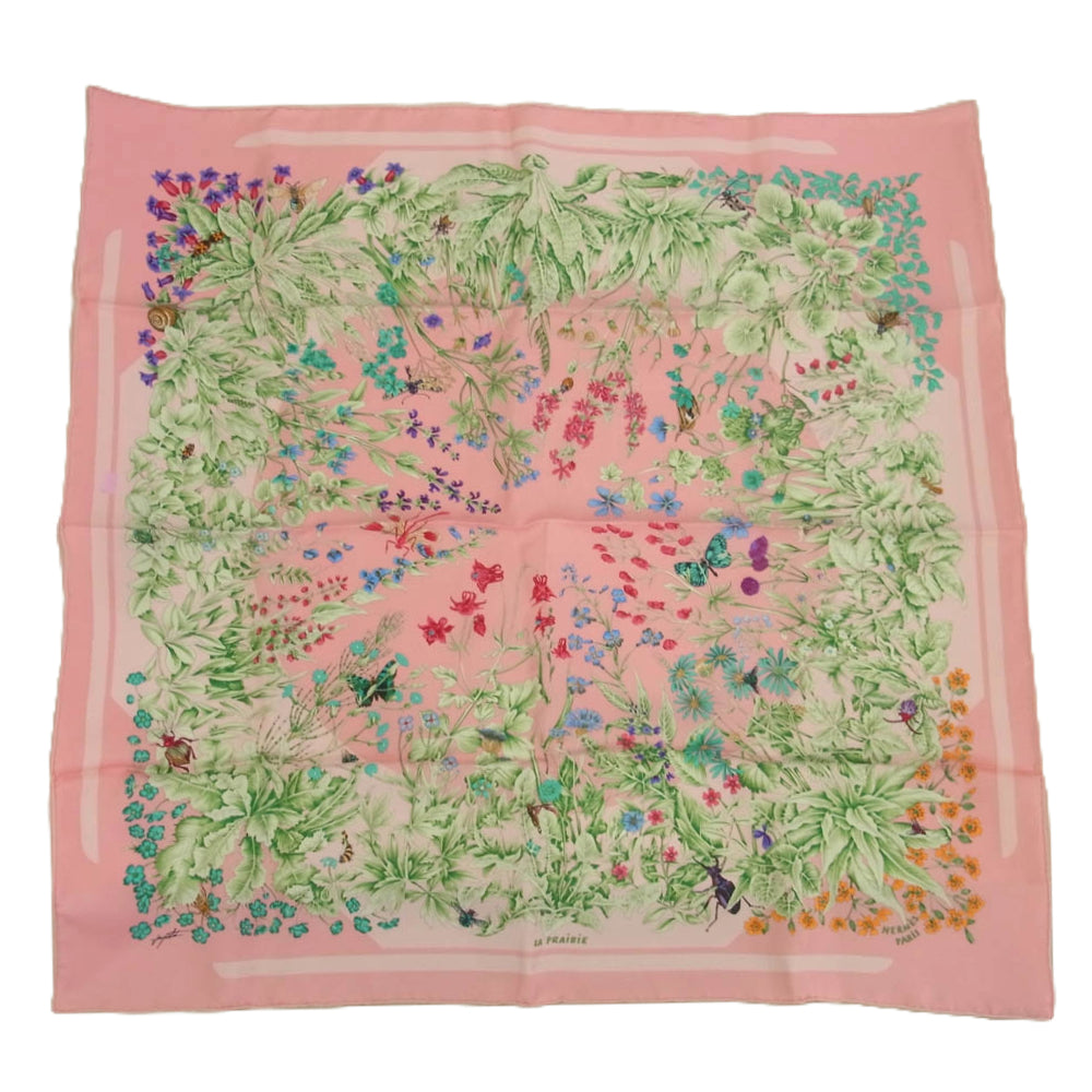 HERMES エルメス シルク100％  LA PRAIRIE カレ90 フラワー スカーフ ピンク系【中古】