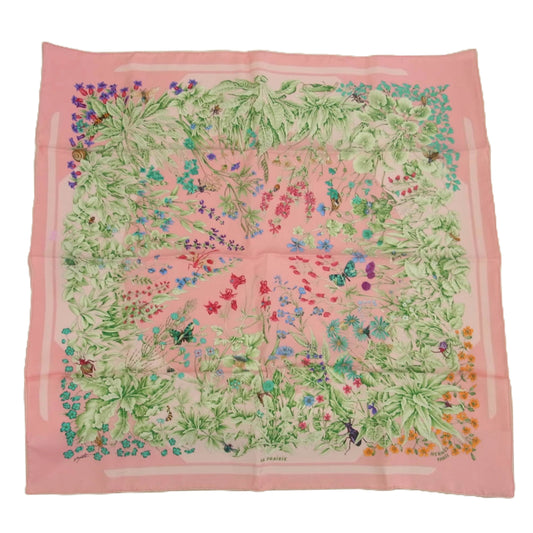 HERMES エルメス シルク100％  LA PRAIRIE カレ90 フラワー スカーフ ピンク系【中古】