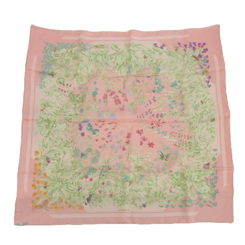 HERMES エルメス シルク100％  LA PRAIRIE カレ90 フラワー スカーフ ピンク系【中古】