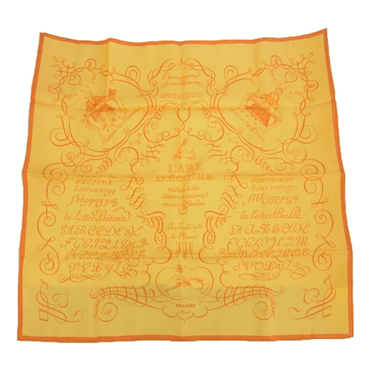 HERMES エルメス シルク100% カレ90 LART DECRIRE 書の芸術 スカーフ オレンジ系【中古】