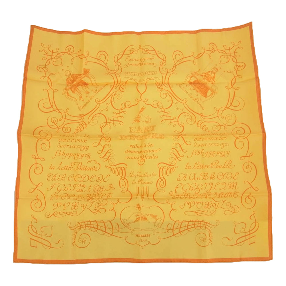 HERMES エルメス シルク100％ カレ90 LART DECRIRE 書の芸術 スカーフ オレンジ系【中古】