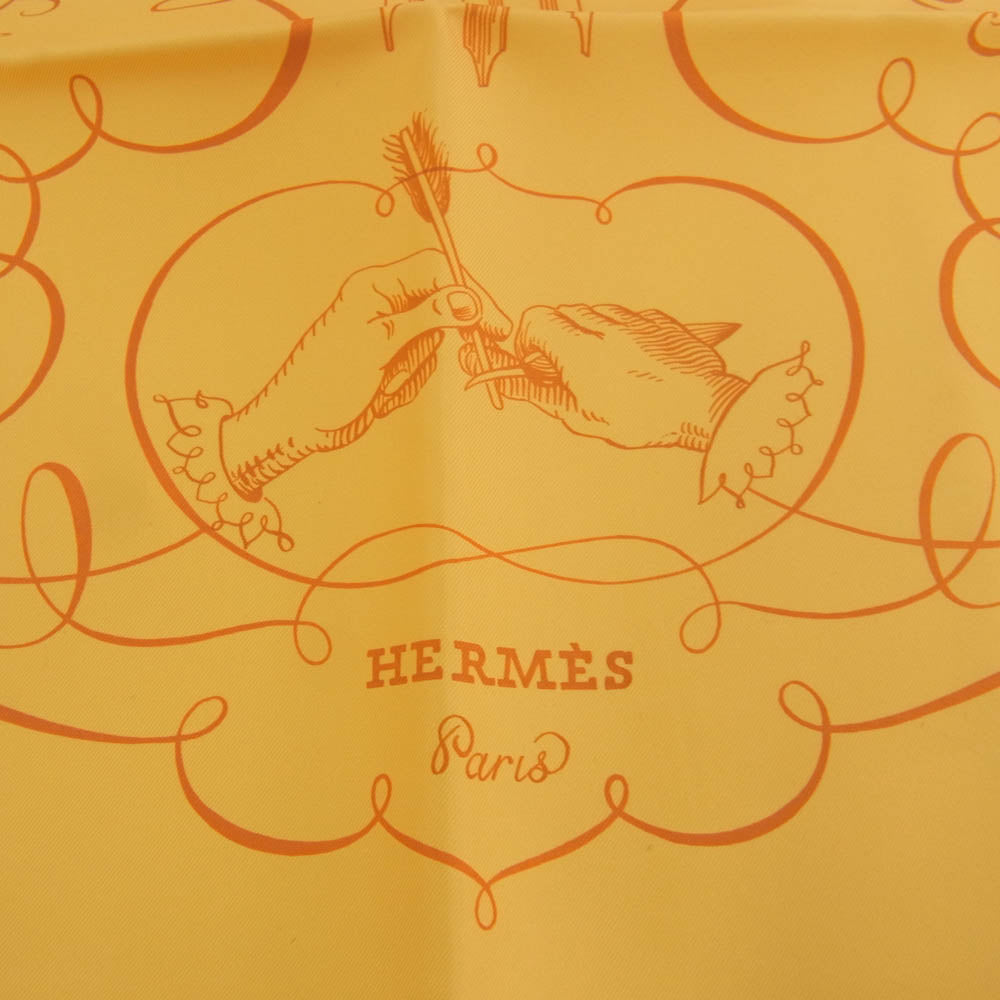 HERMES エルメス シルク100％ カレ90 LART DECRIRE 書の芸術 スカーフ オレンジ系【中古】