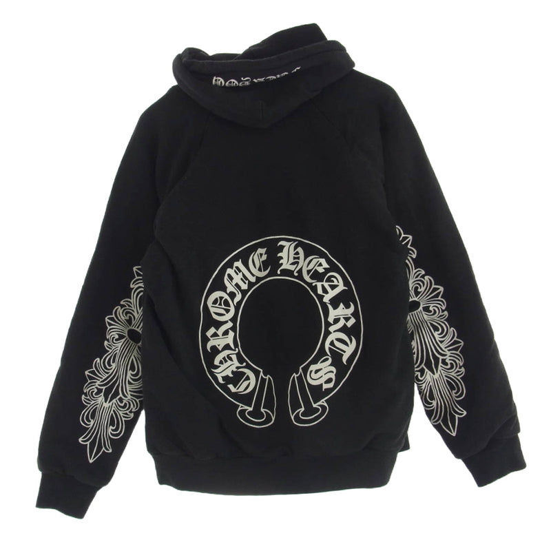 CHROME HEARTS クロムハーツ（原本無） FUCK YOU ファックユー バックホースシュー 袖フローラル 裏地サーマル ロゴ プリント フーディ パーカー ブラック系 M【中古】