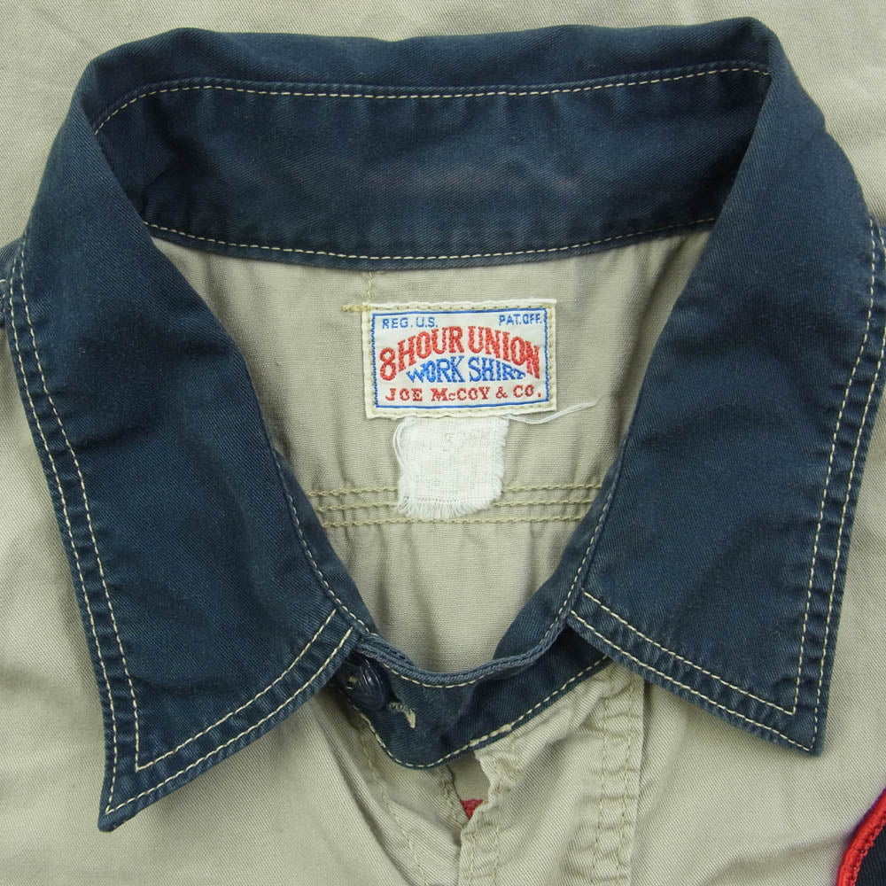 ジョーマッコイ 8HOUR UNION REPAIR SERVICE ALBERTSON MOTORS INC ワッペン付き 長袖 ワーク シャツ ベージュ系 インディゴブルー系 44【中古】