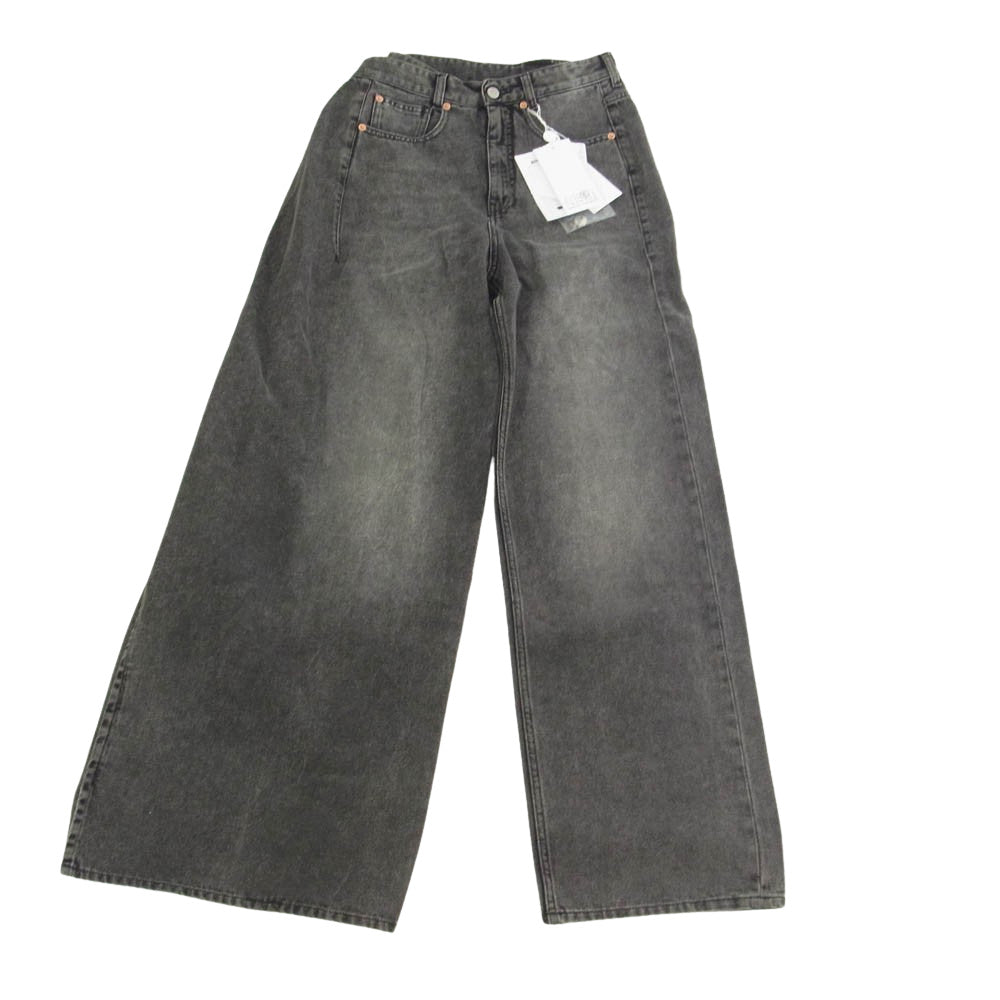 MAISON MARGIELA メゾンマルジェラ 24SS S62LB0163 MM6 エムエムシックス DENIM PANTS ワイド デニム パンツ 横開き ボタン止め ベルトドローコード ブラック系 グレー系 24【新古品】【未使用】【中古】