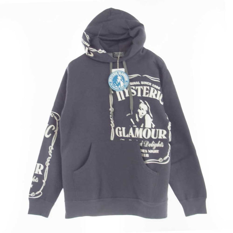 HYSTERIC GLAMOUR ヒステリックグラマー 24AW 02243CF04 HYS WHISKY ヒス ウイスキーラベル ガールプリント パーカー フーディ グレー系 L【新古品】【未使用】【中古】