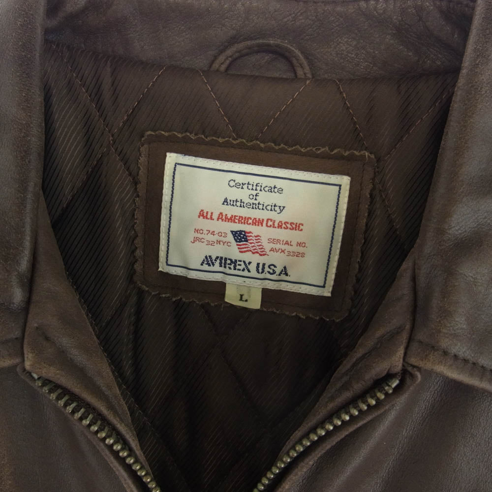 AVIREX アヴィレックス 612107 カウレザー 襟付き ジップアップ シングル ライダース レザー ジャケット ブラウン系 L【中古】