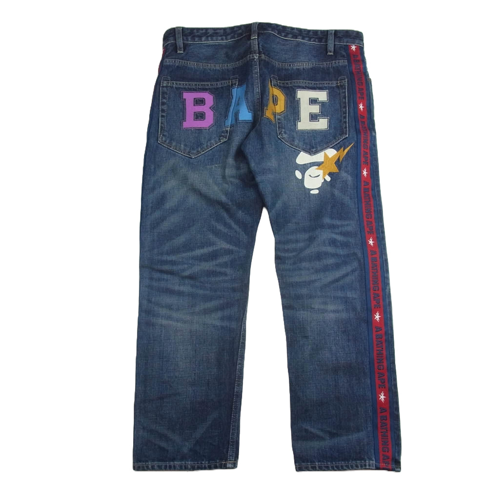 A BATHING APE アベイシングエイプ サイド ライン ロゴ バック 刺繍 Gパン デニム パンツ インディゴブルー系 XL【中古】