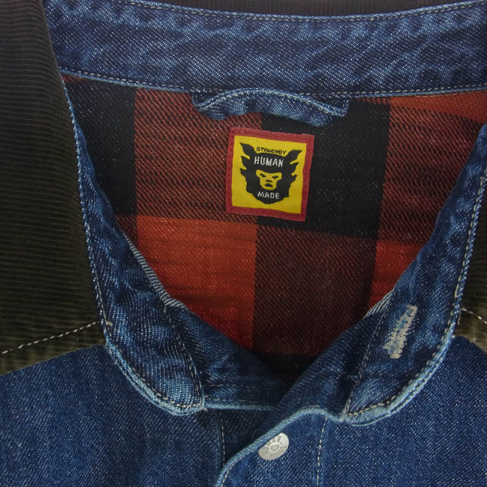 HUMAN MADE ヒューマンメイド 24AW SCOUT SHIRT スカウト デニム ブロック チェック 長袖 シャツ 刺繍 インディゴブルー系 M【美品】【中古】