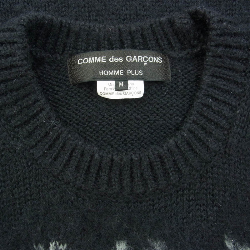 COMME des GARCONS HOMME PLUS コムデギャルソンオムプリュス 22AW PJ-N011 ロゴインタージャニット クルーネック ウール ニット 総柄 セーター ブラック系 M【中古】