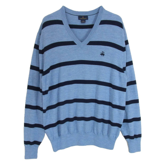 Brooks Brothers ブルックスブラザーズ 346 メリノウール100％ Vネック エンブロイダリー ワンポイント刺繍 ボーダー ニット セーター プルオーバー ブルー系 L【中古】
