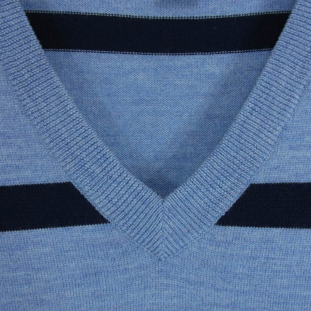 Brooks Brothers ブルックスブラザーズ 346 メリノウール100％ Vネック エンブロイダリー ワンポイント刺繍 ボーダー ニット セーター プルオーバー ブルー系 L【中古】