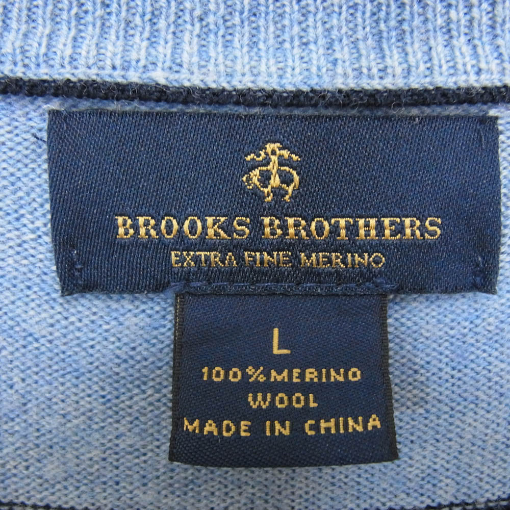 Brooks Brothers ブルックスブラザーズ 346 メリノウール100％ Vネック エンブロイダリー ワンポイント刺繍 ボーダー ニット セーター プルオーバー ブルー系 L【中古】