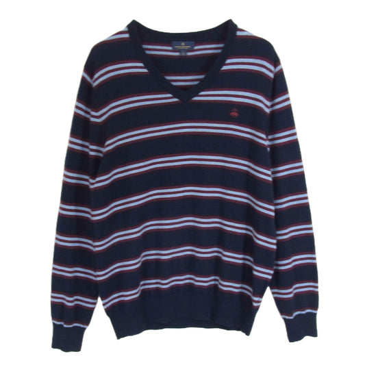 Brooks Brothers ブルックスブラザーズ エクストラファインメリノウール Vネック エンブロイダリー ワンポイント刺繍 ボーダー ニット セーター プルオーバー ネイビー系 L【中古】