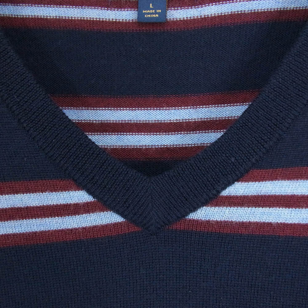 Brooks Brothers ブルックスブラザーズ エクストラファインメリノウール Vネック エンブロイダリー ワンポイント刺繍 ボーダー ニット セーター プルオーバー ネイビー系 L【中古】