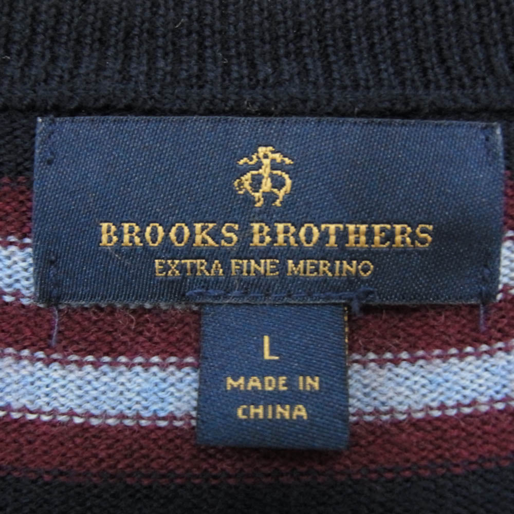 Brooks Brothers ブルックスブラザーズ エクストラファインメリノウール Vネック エンブロイダリー ワンポイント刺繍 ボーダー ニット セーター プルオーバー ネイビー系 L【中古】