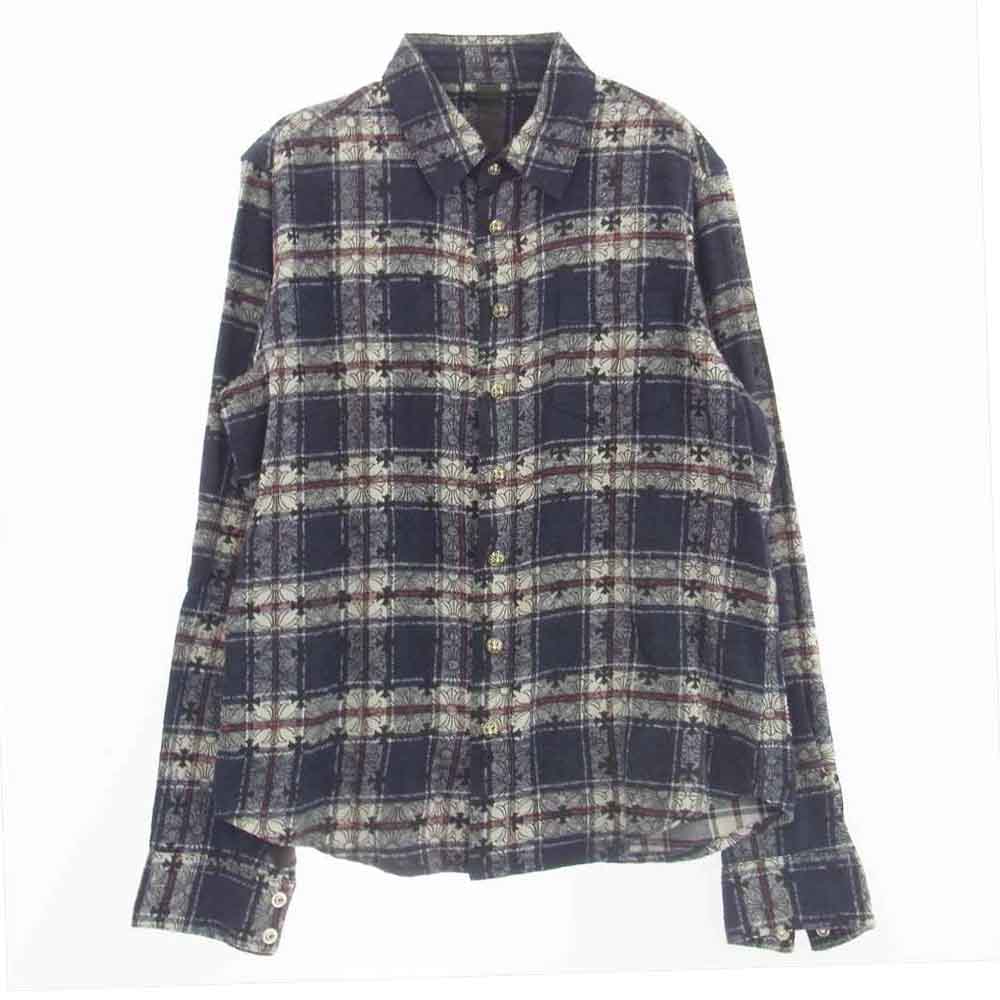 CHROME HEARTS クロムハーツ（原本無） LOOSEENDS LS CHECK CHプラス総柄 ルーズエンド クロスボタン クロスパッチ チェック フランネル 長袖シャツ ネイビー系 S【中古】