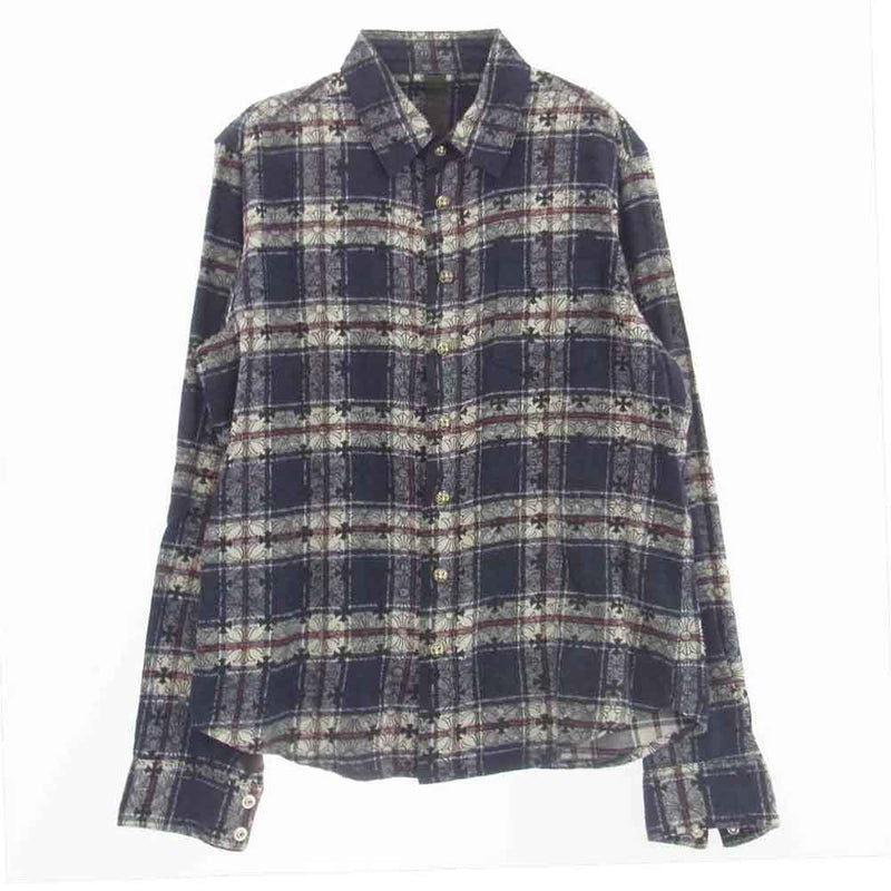 CHROME HEARTS クロムハーツ（原本無） LOOSEENDS LS CHECK CHプラス総柄 ルーズエンド クロスボタン クロスパッチ チェック フランネル 長袖シャツ ネイビー系 S【中古】
