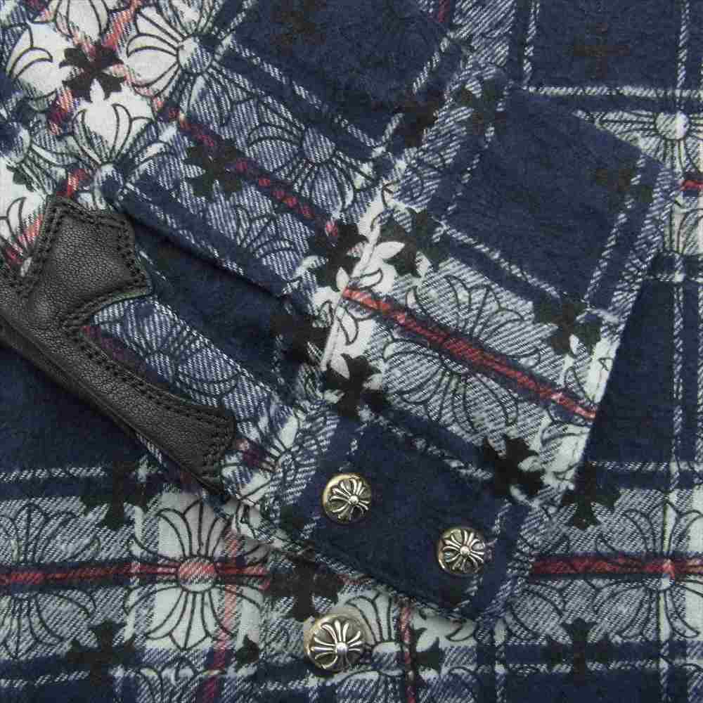 CHROME HEARTS クロムハーツ（原本無） LOOSEENDS LS CHECK CHプラス総柄 ルーズエンド クロスボタン クロスパッチ チェック フランネル 長袖シャツ ネイビー系 S【中古】