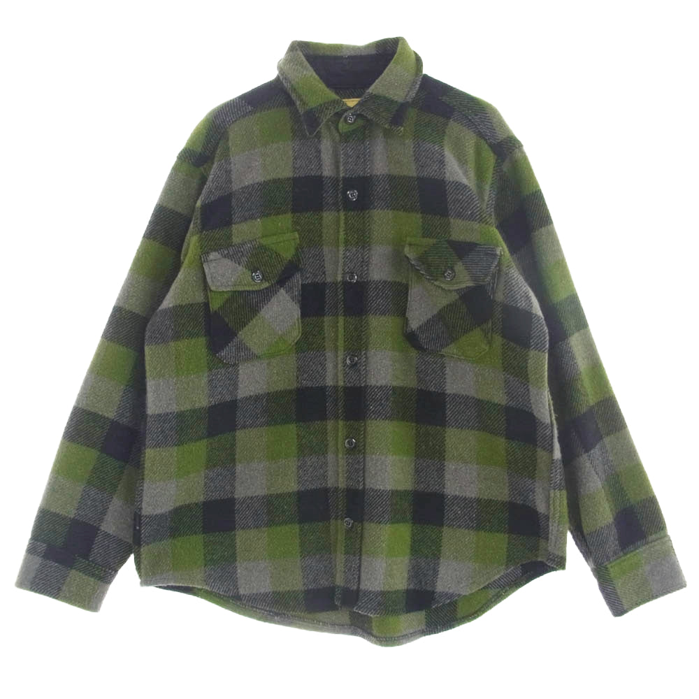 メルトン 70's ウール チェック柄 シャツ 長袖 グリーン系 L【中古】