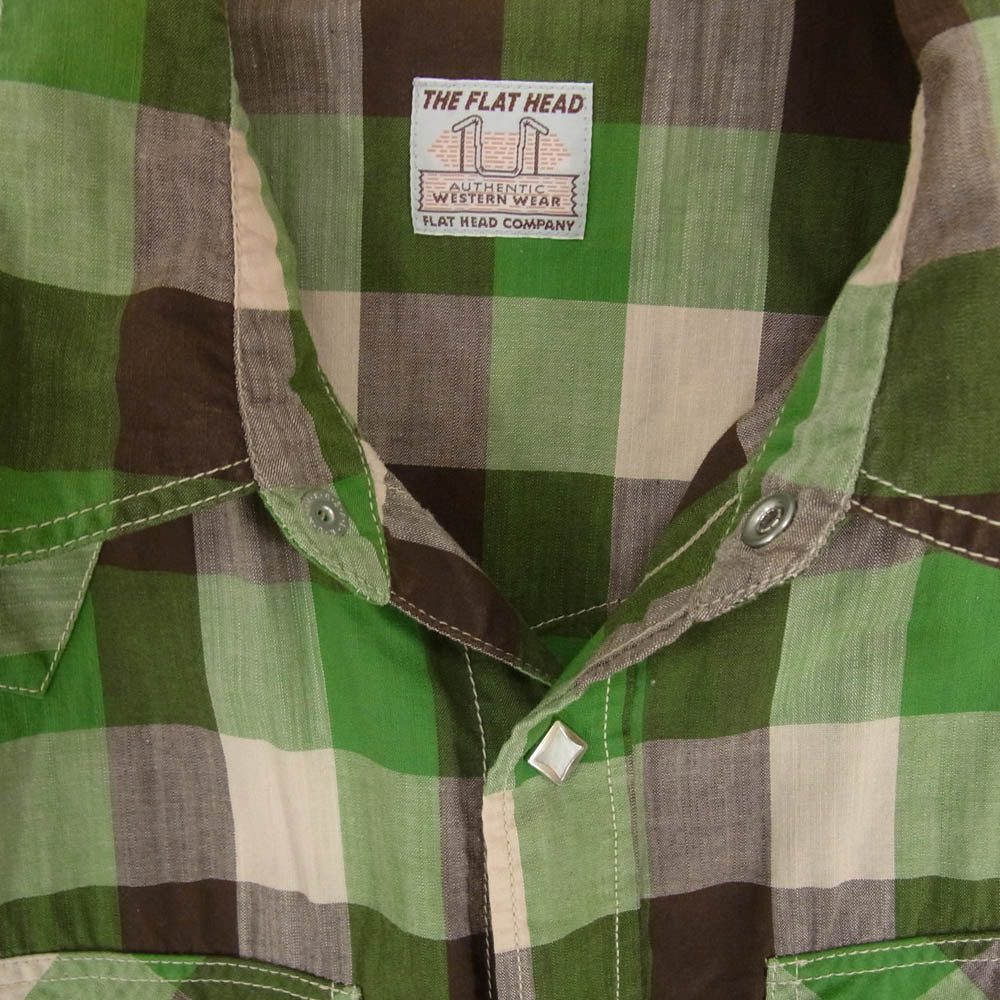 THE FLAT HEAD ザフラットヘッド ウエスタン チェック 半袖 シャツ グリーン系 40【中古】