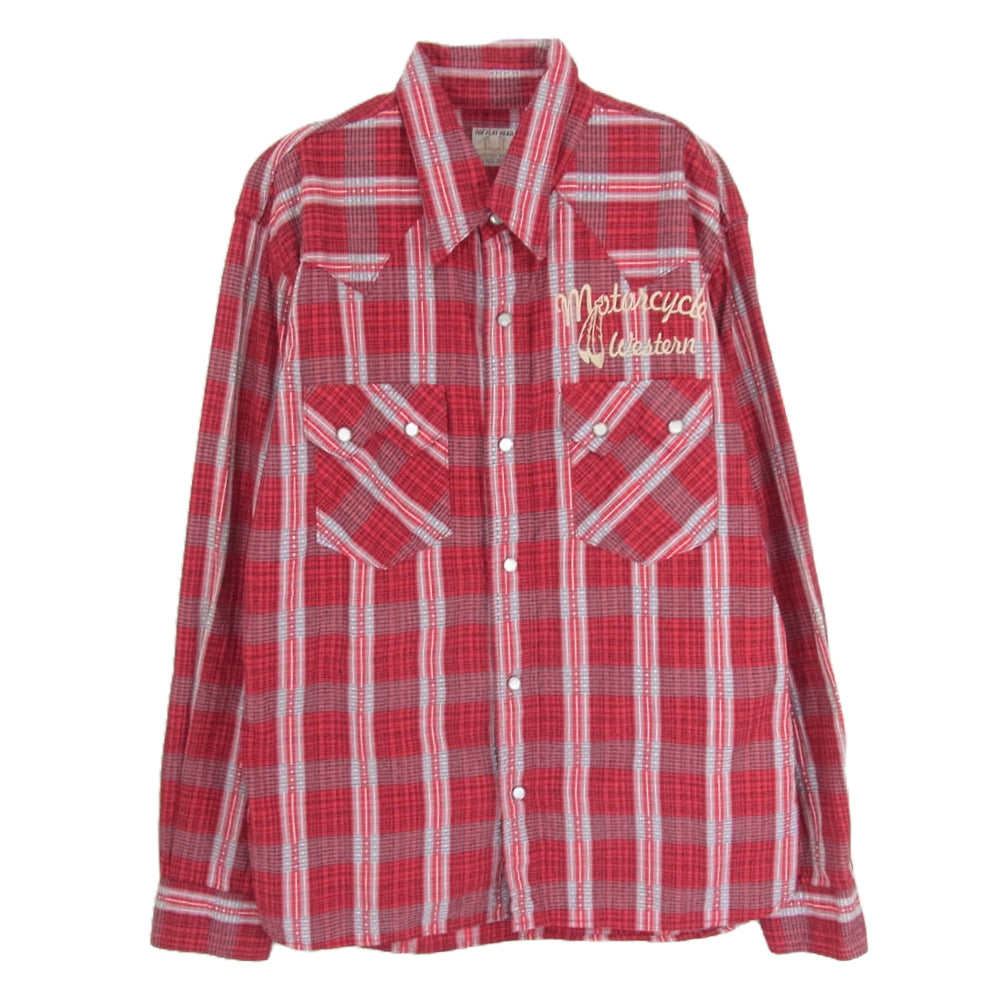 THE FLAT HEAD ザフラットヘッド CW-42W JAQUARD WESTERN SHIRT ジャガード ウエスタン ロゴ 刺繍 長袖 チェック シャツ レッド系 40【中古】