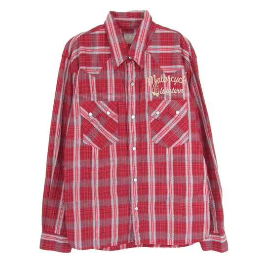 THE FLAT HEAD ザフラットヘッド CW-42W JAQUARD WESTERN SHIRT ジャガード ウエスタン ロゴ 刺繍 長袖 チェック シャツ レッド系 40【中古】