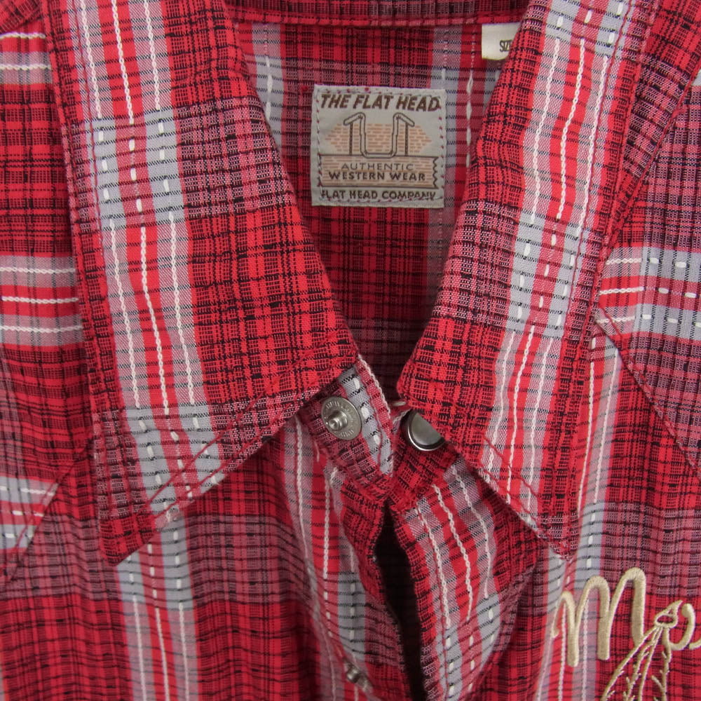THE FLAT HEAD ザフラットヘッド CW-42W JAQUARD WESTERN SHIRT ジャガード ウエスタン ロゴ 刺繍 長袖 チェック シャツ レッド系 40【中古】