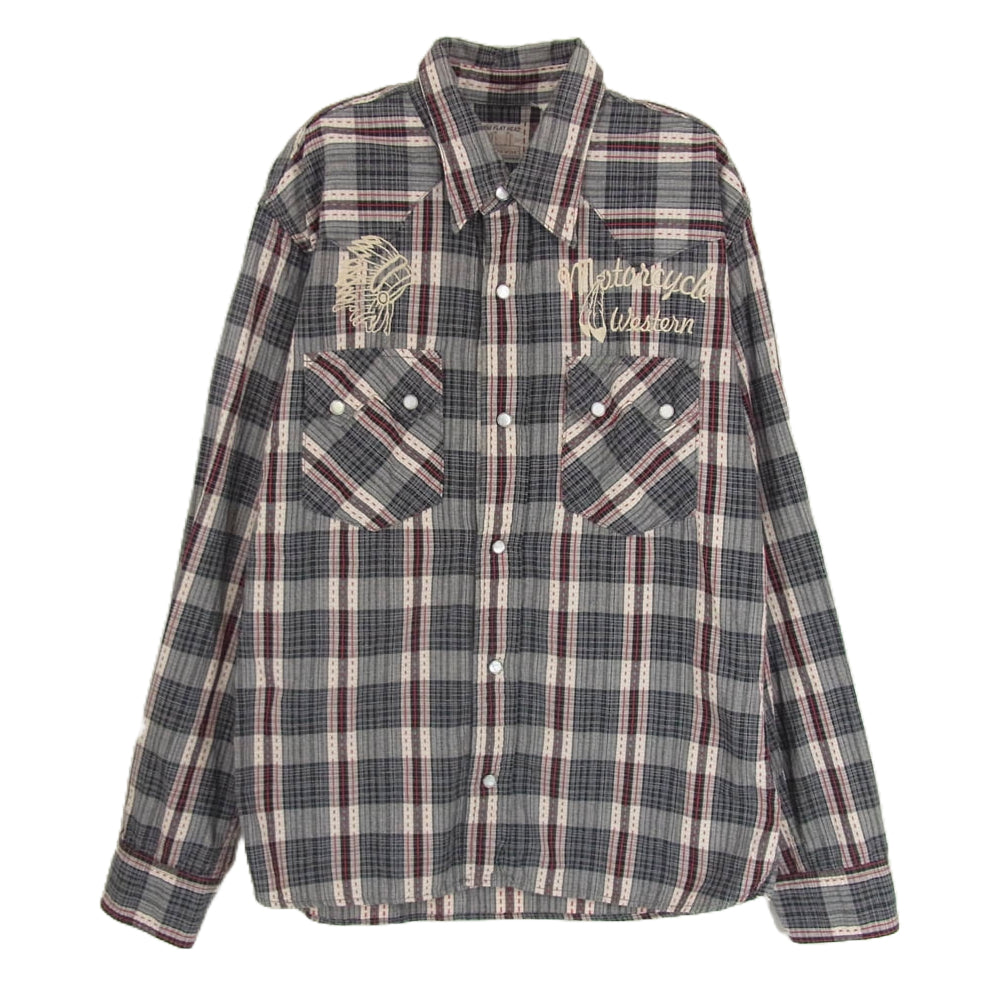 THE FLAT HEAD ザフラットヘッド CW-42W JAQUARD WESTERN SHIRT ジャガード ウエスタン ロゴ 刺繍 長袖 チェック シャツ グレー 40【中古】