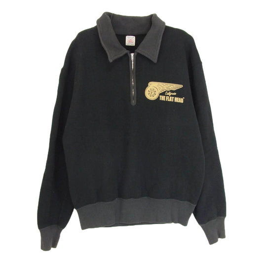 THE FLAT HEAD ザフラットヘッド フライング ホイール  バック プリント ハーフジップ プリント スウェット ブラック系 L【中古】
