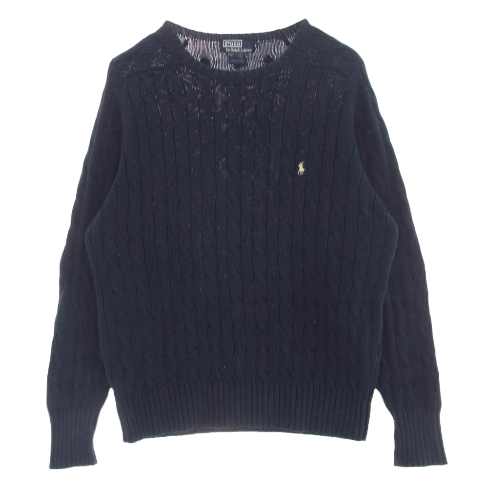 POLO RALPH LAUREN ポロ・ラルフローレン ポニー刺繍 ケーブル編み クルーネック ニット セーター ネイビー系 L【中古】