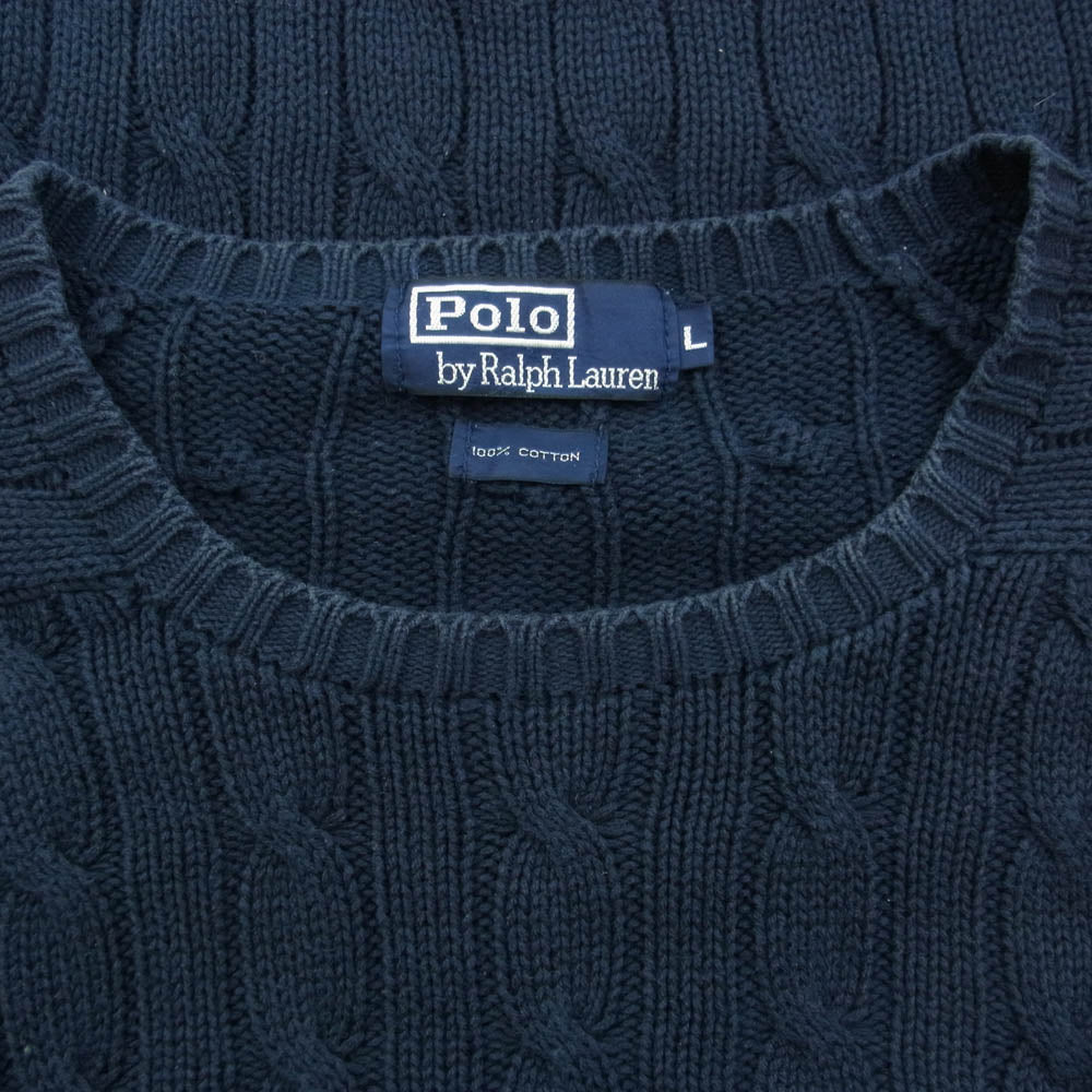 POLO RALPH LAUREN ポロ・ラルフローレン ポニー刺繍 ケーブル編み クルーネック ニット セーター ネイビー系 L【中古】