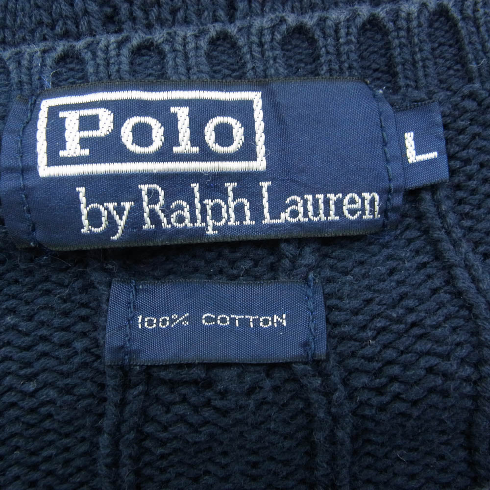 POLO RALPH LAUREN ポロ・ラルフローレン ポニー刺繍 ケーブル編み クルーネック ニット セーター ネイビー系 L【中古】