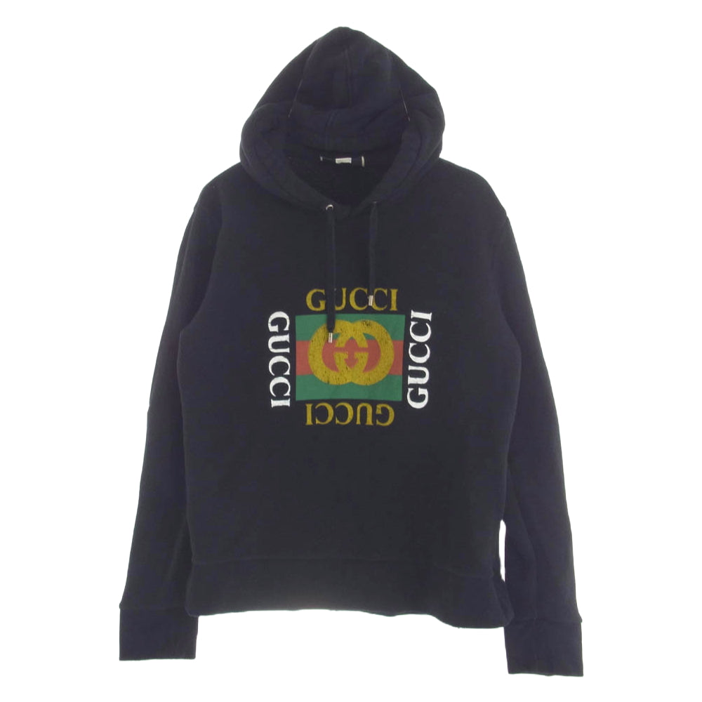 GUCCI グッチ 454585 ダメージ ヴィンテージ 加工 フロント ロゴ プルオーバー パーカー ブラック系 L【中古】