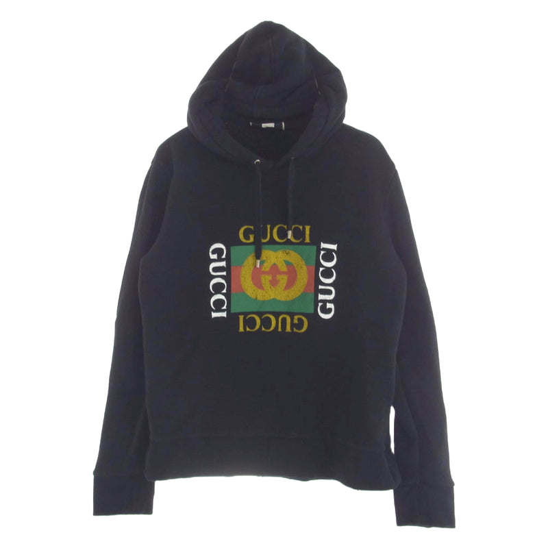 GUCCI グッチ 454585 ダメージ ヴィンテージ 加工 フロント ロゴ プルオーバー パーカー ブラック系 L【中古】