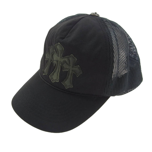 CHROME HEARTS クロムハーツ（原本無） TRUCKER CAP レザー セメタリークロスパッチ メッシュ トラッカー キャップ ブラック系【中古】