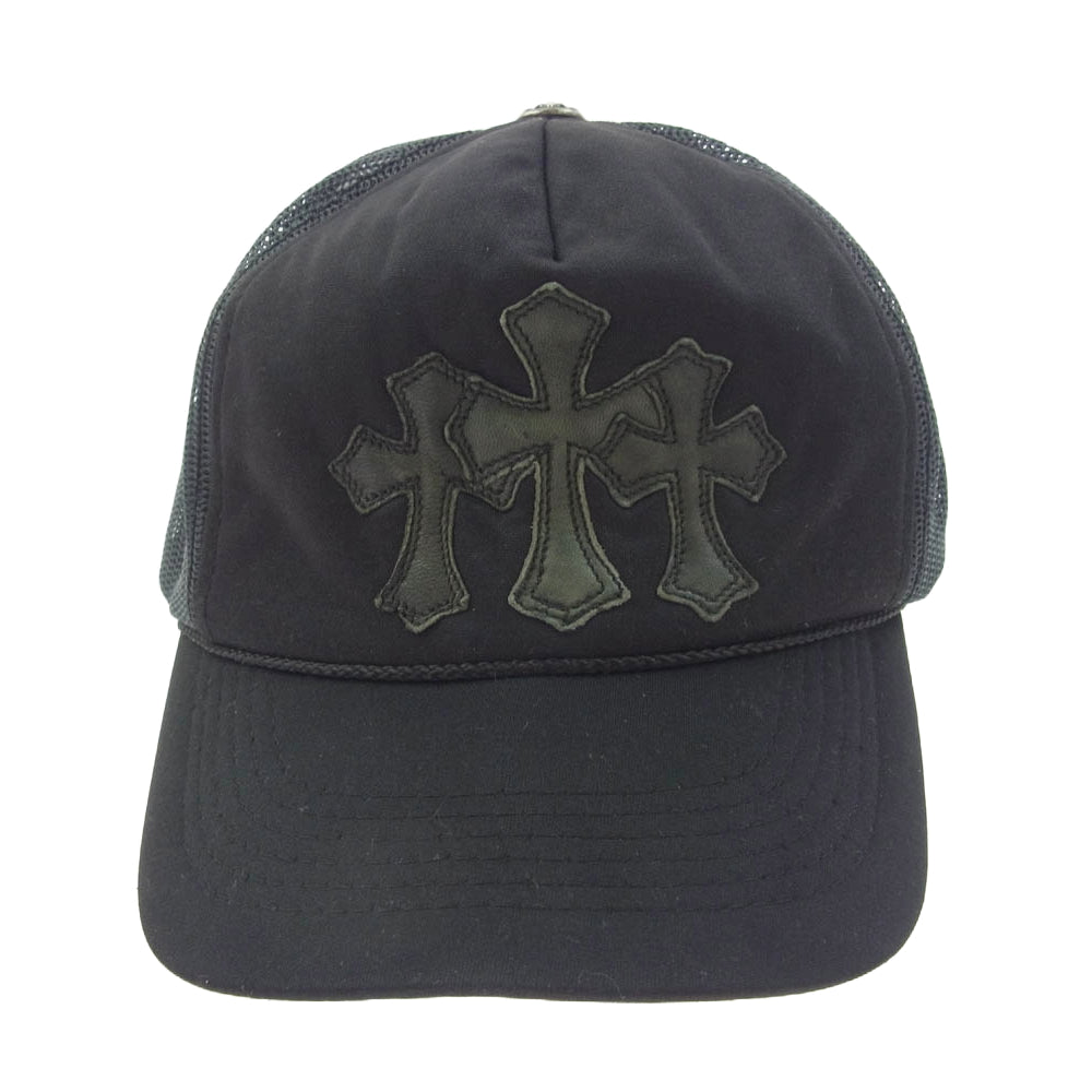 CHROME HEARTS クロムハーツ（原本無） TRUCKER CAP レザー セメタリークロスパッチ メッシュ トラッカー キャップ ブラック系【中古】