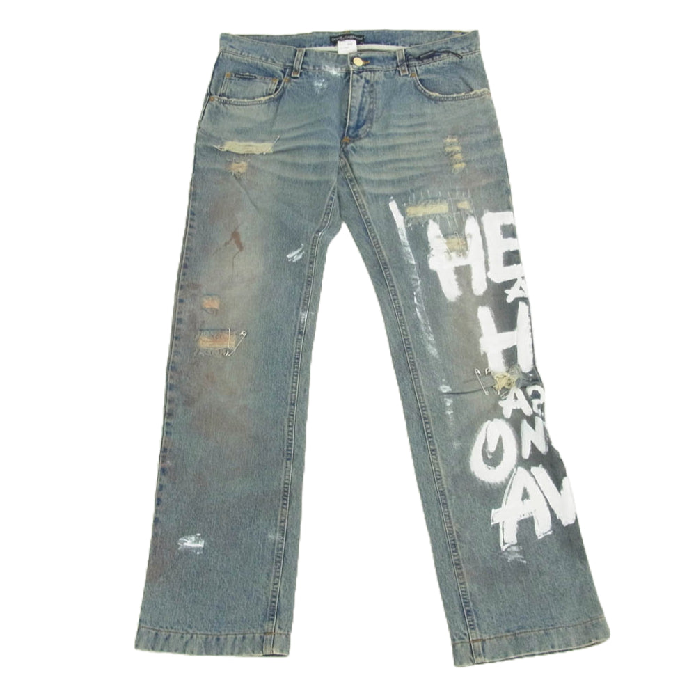 DOLCE&GABBANA ドルチェアンドガッバーナ 9466 01AW Archive アーカイブ GRAFFITI JEANS HEAVEN AND HELL ARE JUST ONE BREATH AWAY ANDY WARHOL 安全ピン装飾 グラフィティ ダメージ デニムパンツ インディゴブルー系 L【中古】