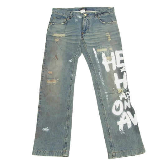 DOLCE&GABBANA ドルチェアンドガッバーナ 9466 01AW Archive アーカイブ GRAFFITI JEANS HEAVEN AND HELL ARE JUST ONE BREATH AWAY ANDY WARHOL 安全ピン装飾 グラフィティ ダメージ デニムパンツ インディゴブルー系 L【中古】