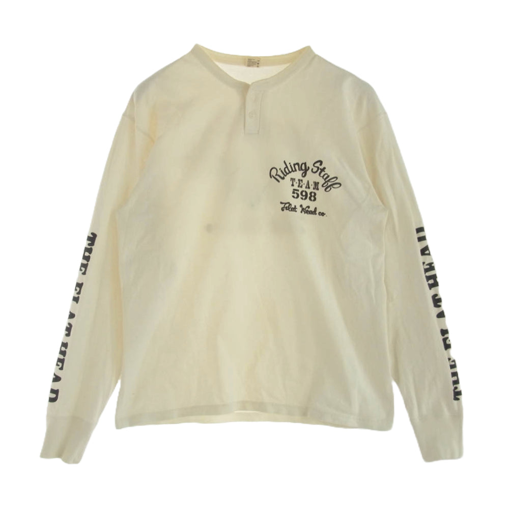 THE FLAT HEAD ザフラットヘッド Riding Stall ロゴ ヘンリーネック Tシャツ ホワイト系 L【中古】