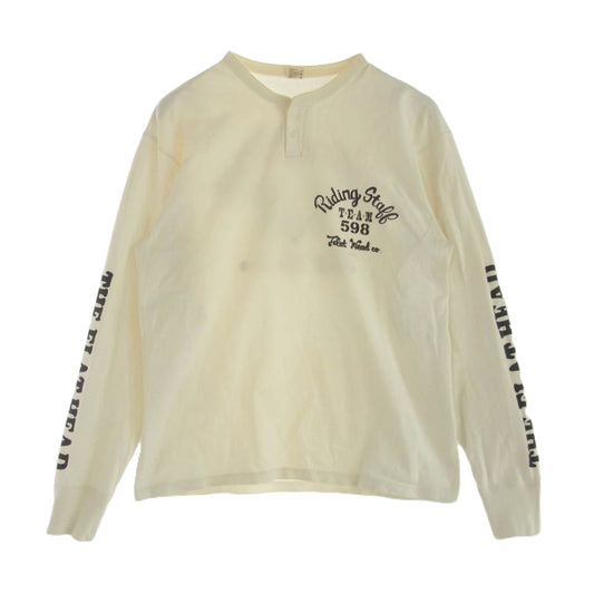 THE FLAT HEAD ザフラットヘッド Riding Stall ロゴ ヘンリーネック Tシャツ ホワイト系 L【中古】