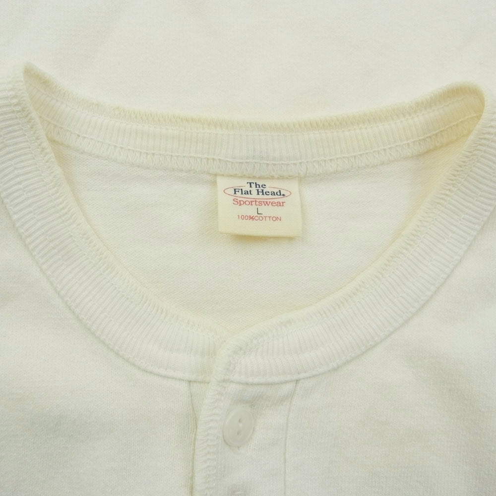 THE FLAT HEAD ザフラットヘッド Riding Stall ロゴ ヘンリーネック Tシャツ ホワイト系 L【中古】