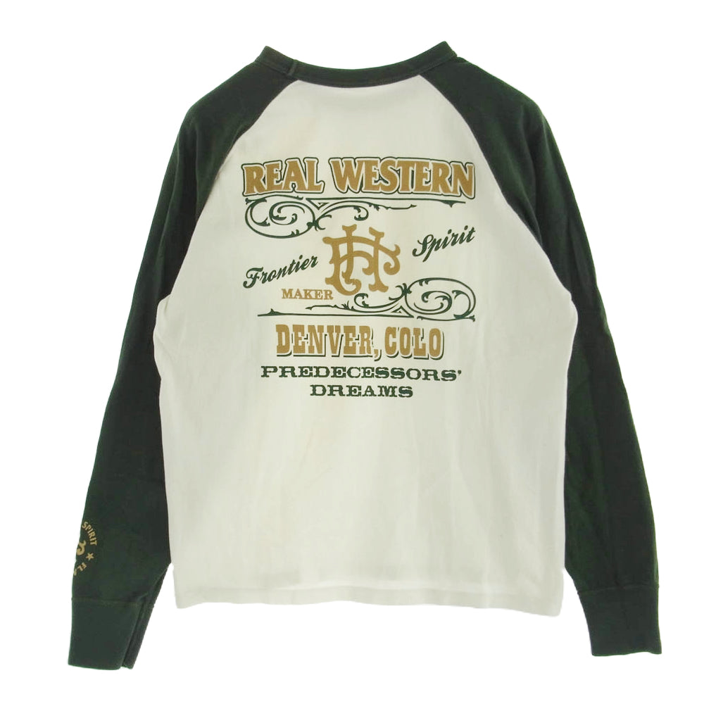 THE FLAT HEAD ザフラットヘッド GLORY PARK グローリーパーク REAL WESTERN ロゴ ラングラン Tシャツ グリーン ホワイト系 グリーン系 40【中古】