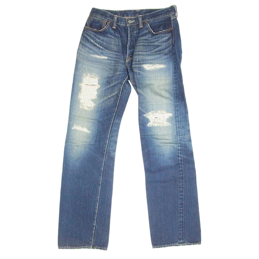 R.J.B アールジェイビー D001R ダイヤ ステッチ レザー ダメージ 加工 デニム パンツ インディゴブルー系 32【中古】