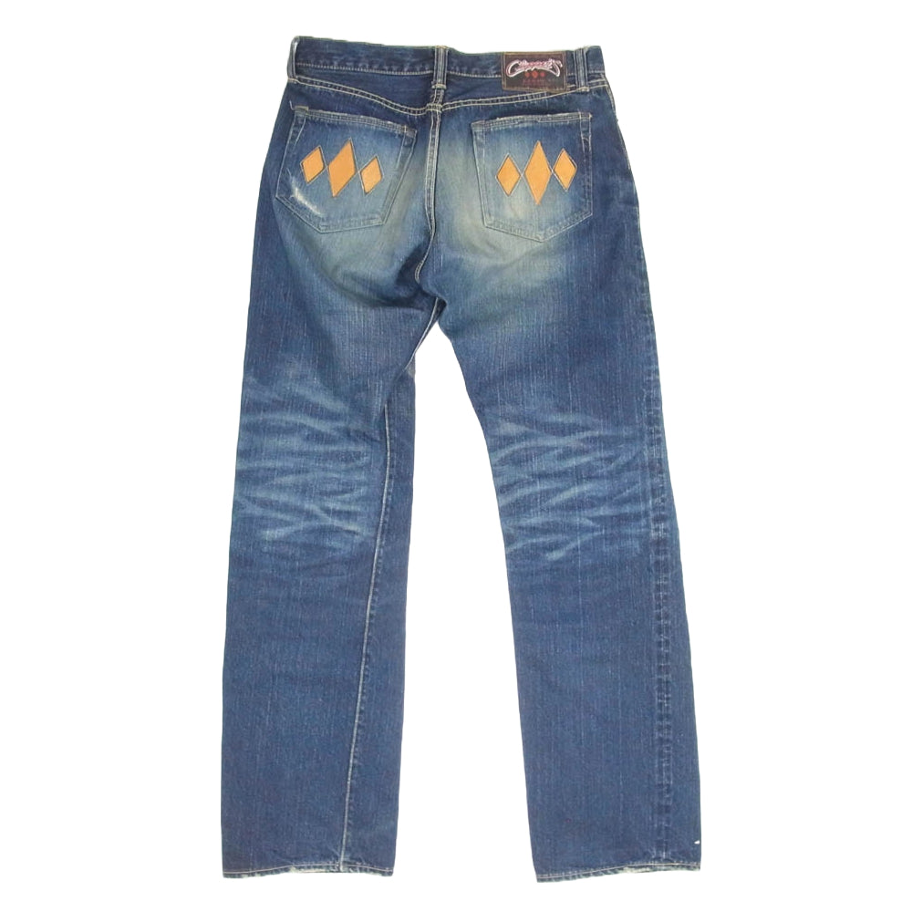 R.J.B アールジェイビー D001R ダイヤ ステッチ レザー ダメージ 加工 デニム パンツ インディゴブルー系 32【中古】