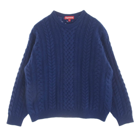 Supreme シュプリーム 23AW Applique Cable Knit Sweater ビッグロゴ ケーブル編み ウールニット セーター ブルー系 M【極上美品】【中古】