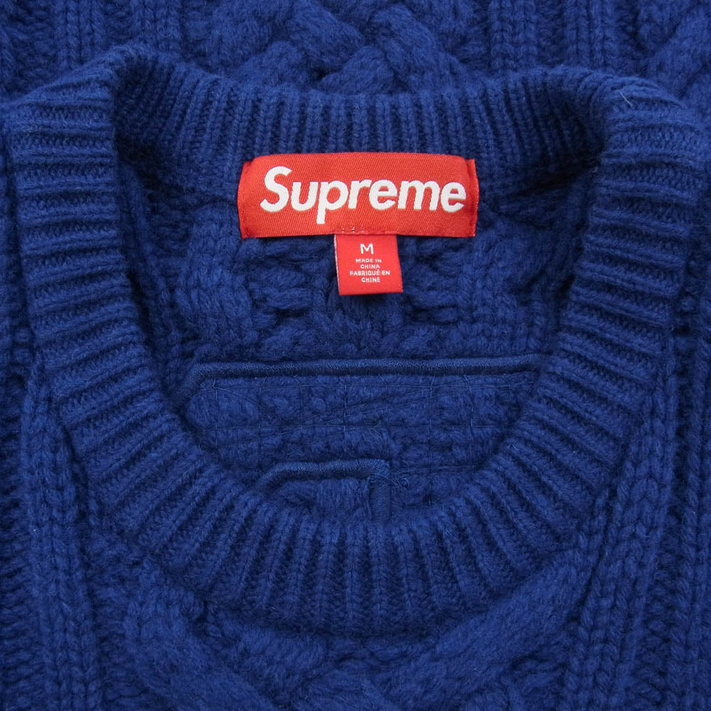 Supreme シュプリーム 23AW Applique Cable Knit Sweater ビッグロゴ ケーブル編み ウールニット セーター ブルー系 M【極上美品】【中古】